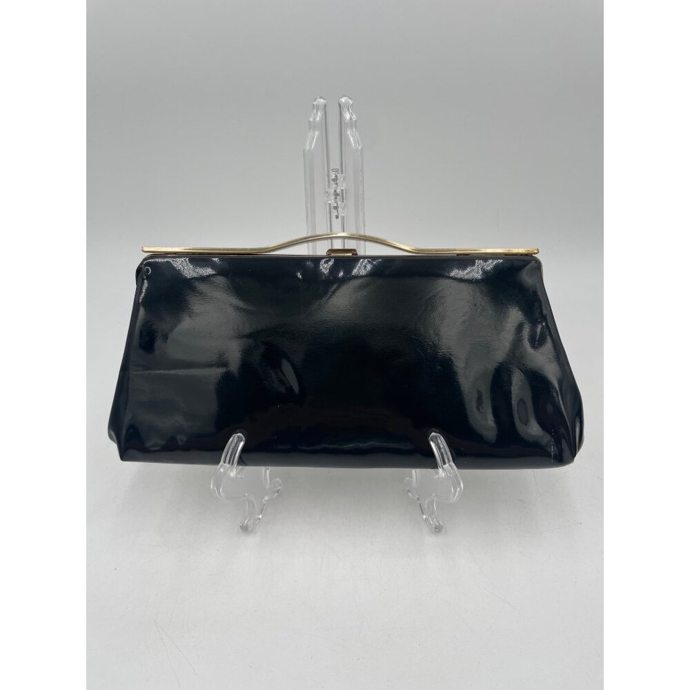Vintage Black Patent Leather Clutch Purse With Gold Tone Frame & Red Lining